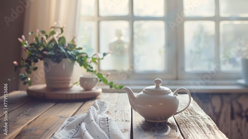 Cozy teapot on wooden table beside window - A warm, inviting scene with a teapot on rustic wooden table near a window with soft light and floral décor