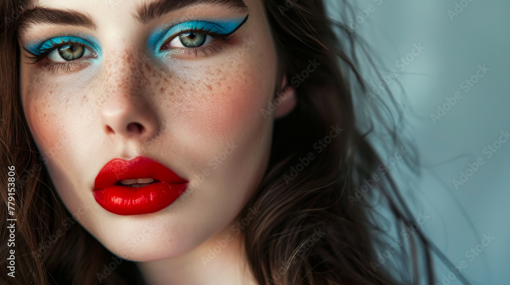A woman with blue eyes and red lips. She has blue eyeliner A woman with blue eyes and red lips. She has blue eyeliner