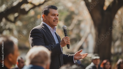 A Hispanic man delivers a speech into a microphone in front of a large audience photo