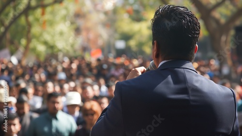 A man standing before a crowd of people, delivering a speech