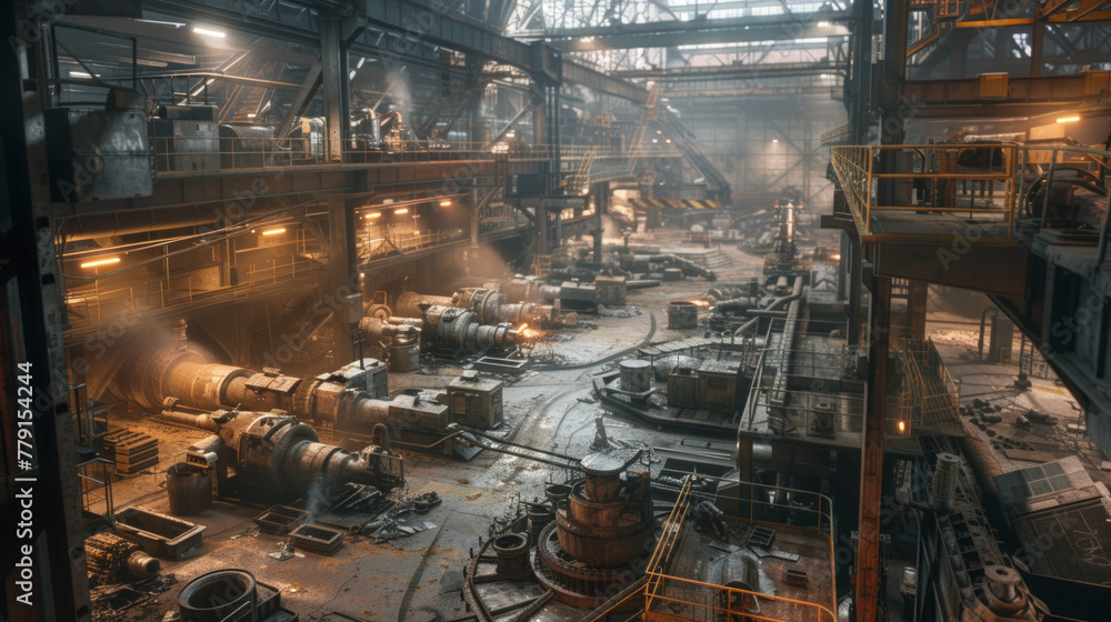 An expansive steel mill with rolling mills, blast furnaces, and casting machines, temporarily dormant but ready to shape molten metal into strong structures An expansive steel mill with rolling mills, blast furnaces, and casting machines, temporarily dormant but ready to shape molten metal into strong structures