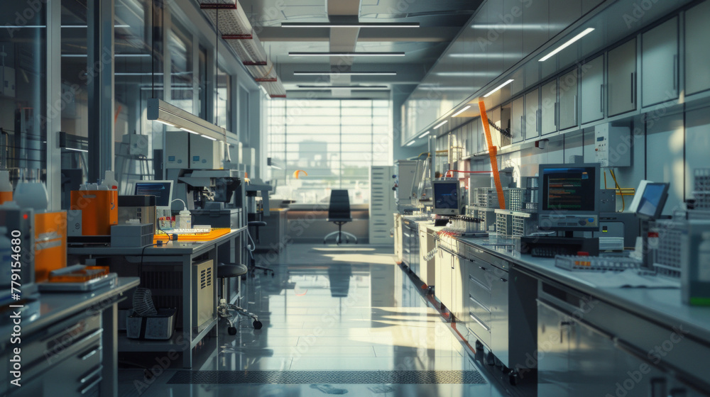 A state-of-the-art biotechnology laboratory with gene sequencing equipment, cell culture systems, and research workstations, momentarily unoccupied but ready for groundbreaking discoveries A state-of-the-art biotechnology laboratory with gene sequencing equipment, cell culture systems, and research workstations, momentarily unoccupied but ready for groundbreaking discoveries