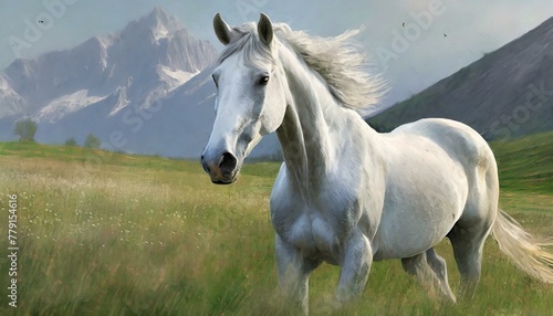 portrait d un cheval blanc dans une prairie en ia