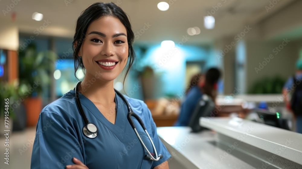 Naklejka premium A female nurse with a stethoscope around her neck is smiling with her arms crossed. She is wearing blue scrubs and has dark hair. In the background, there are other people.