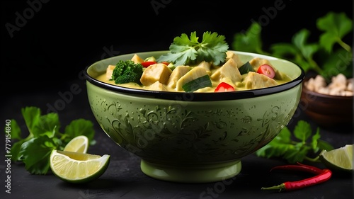 creamy green curry bowl isolated on a black background, showing a variety of healthful vegetarian dishes