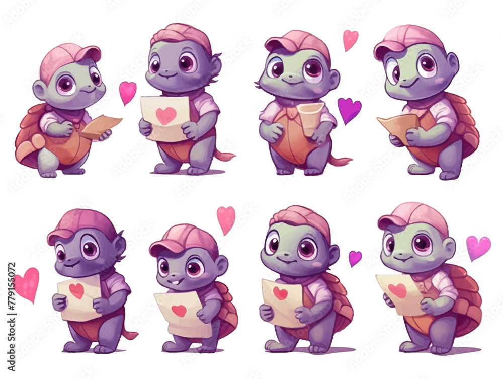 Cute turtles with hearts. Happy Valentine's Day. Illustrations for poster, postcards isolated on white background.