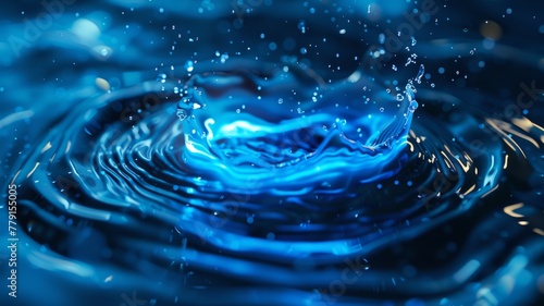 Dynamic blue water splash close-up - Captivating close-up image of a water splash with droplets suspended in motion on a deep blue background