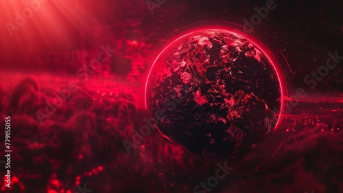 Red glowing earth in cosmic environment - Dramatic image of a glowing red earth with vivid highlights and shadow contrast, set against a surreal cosmic background