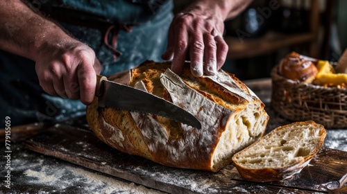 A person is slicing a loaf of bread on a wooden cutting board with a knife.
