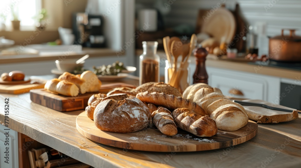 A wooden table with a variety of bread on a cutting board.