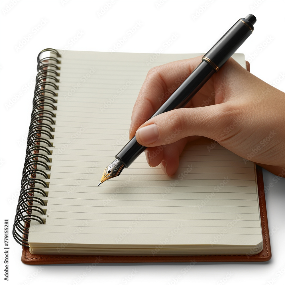Hand Holding a Notebook, and Pen Writing in Notebook on White Background Hand Holding a Notebook, and Pen Writing in Notebook on White Background