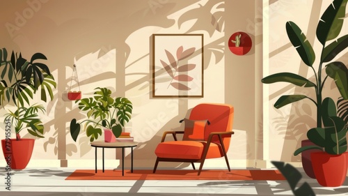 Sunny interior scene with red chair - A cozy sunny room features a sleek red chair, indoor plants, and a stylish interior, perfect for modern home concepts