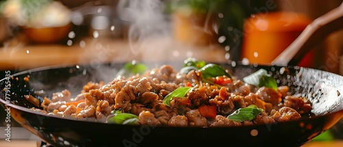 Sizzling Spicy Pork Basil Delight in a Wok. Concept Thai Cooking  Stir-Fry Recipe  Easy Dinner Dish  Asian Cuisine  Savory Basil Pork