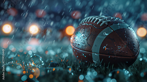 A photograph of an American football on a rainy field, water droplets on the ball and wet grass around it reflect the stadium lights, Generative AI