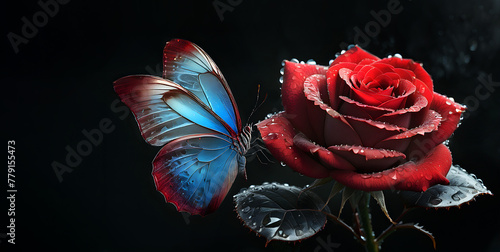 red rose in dew drops and and tropical morpho butterfly on black. copy space