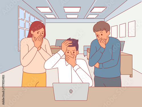 People getting bad news. Puzzled office staff look at laptop monitor, receiving negative stressful information through multimedia, scared men and women, vector cartoon flat isolated concept