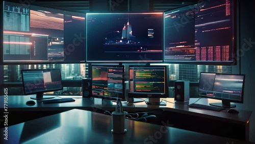 An organized office desk featuring three monitors and a cup of coffee, perfect for enhancing work efficiency, Financial market analysis on multiple screens, AI Generated photo