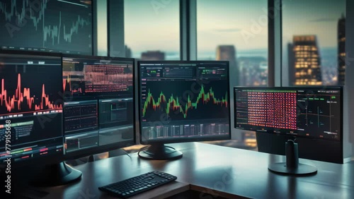 A desk equipped with three computer monitors and a keyboard, providing an efficient and productive workstation setup, Financial market analysis on multiple screens, AI Generated photo