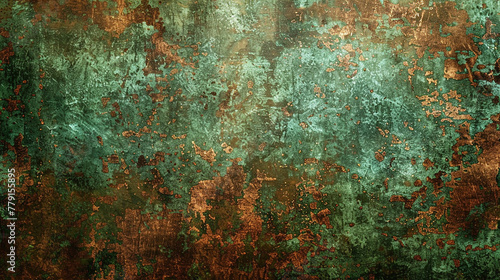 An expanse of subtle grunge texture mimicking the patina on copper, where verdigris and tarnish create a tapestry of green and brown hues. 32k, full ultra HD, high resolution