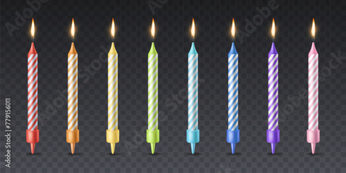 Color birthday candles. Realistic isolated elements. Celebration cake and cupcake decor. Striped rainbow colors paraffin object, candlelight flame. Party invitation decoration. Vector set