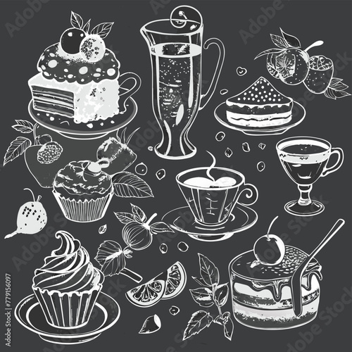 Experience a delightful collection of hand-crafted illustrations featuring scrumptious desserts, invigorating coffee, and comforting tea. Exuding a charming chalk-style aesthetic
