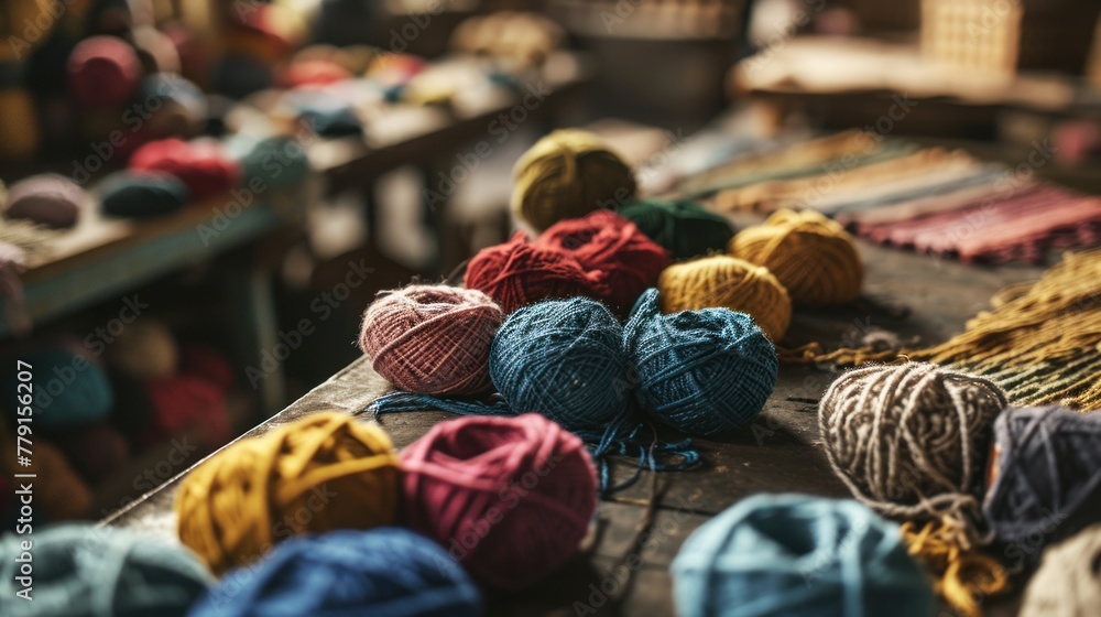 A table is filled with colorful yarn balls. A table is filled with colorful yarn balls.