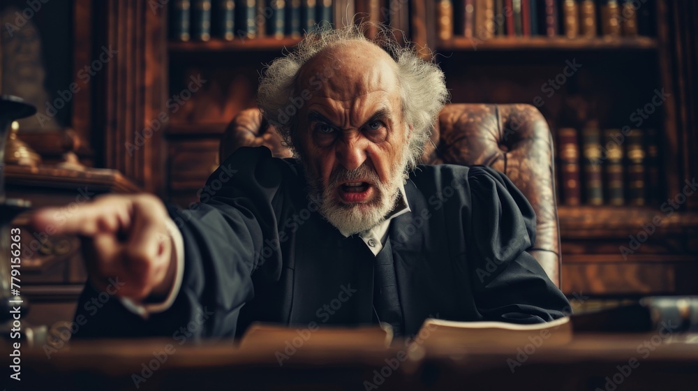 Angry old mad judge in court concept