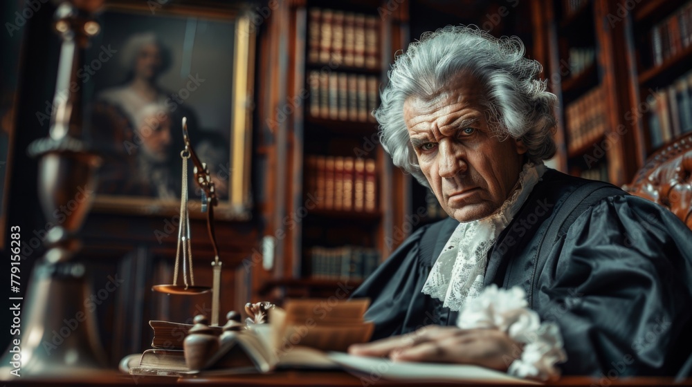 Angry old mad judge in court concept