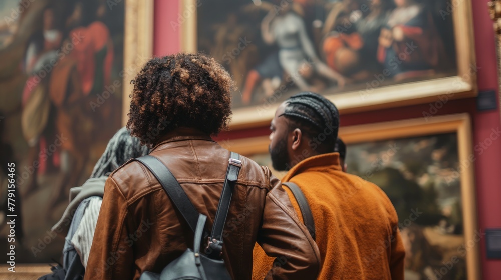 Black couple examines diverse artworks in art gallery