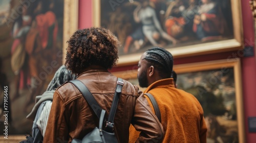 Black couple examines diverse artworks in art gallery © Ananncee Media