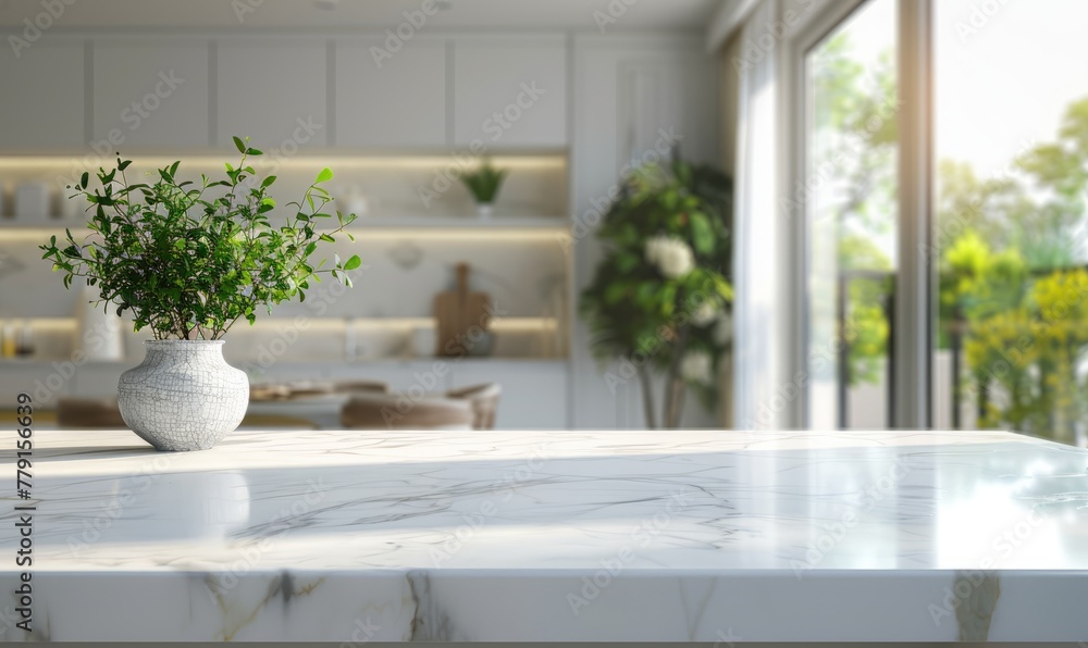 Fototapeta premium White table top on blur kitchen room background,Modern white