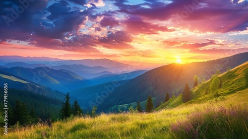 Stunning mountain panorama during picturesque summer sunset. © PhotoVibe