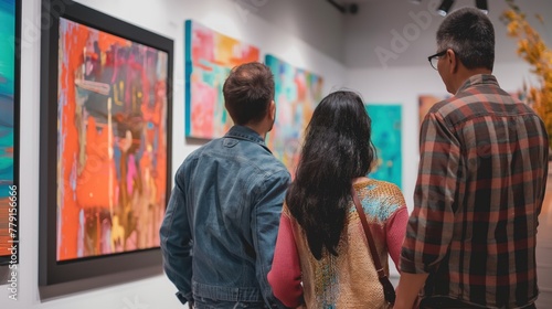 Diverse group of individuals observing artwork on display in an art gallery