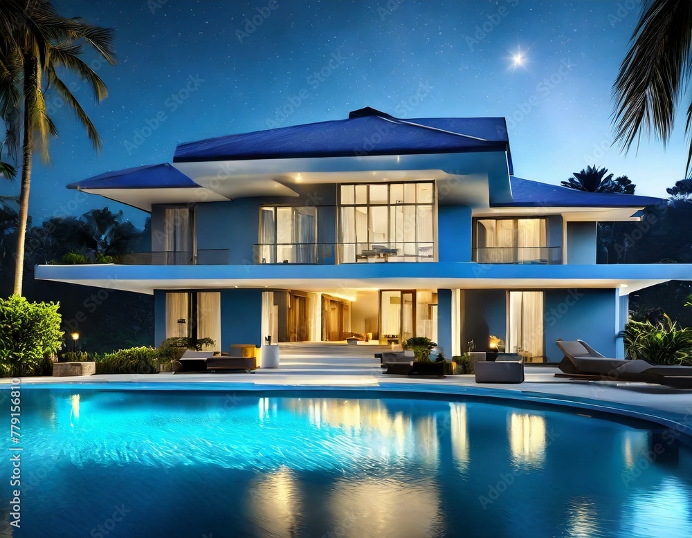 a modern luxurious bungalow immersed in shades of deep blue, evoking a sense of serenity and opulence