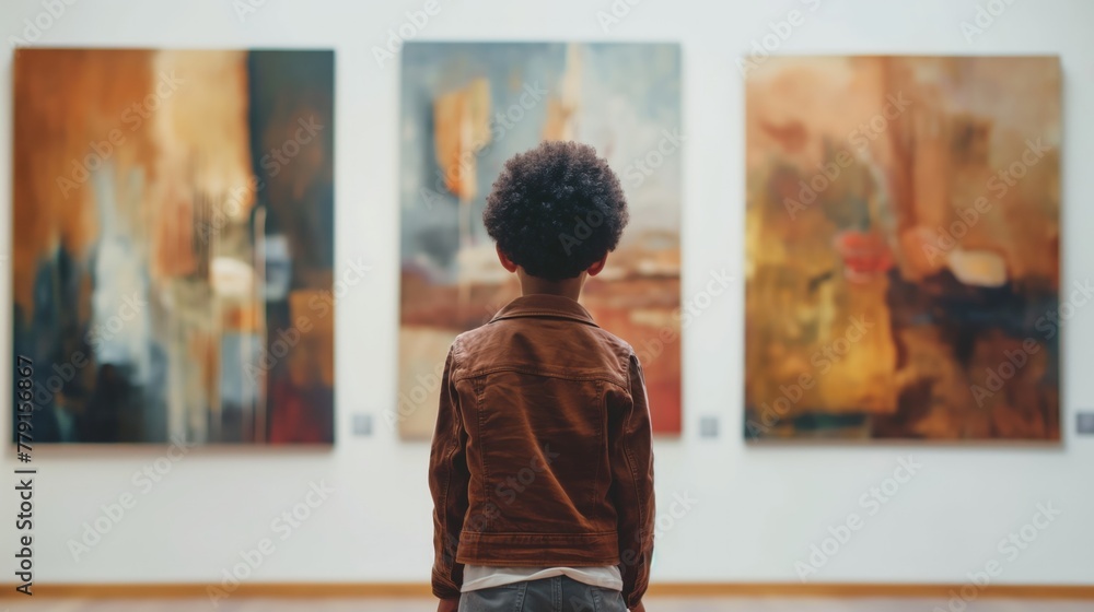 A young boy standing in front of various paintings at a museum A young boy standing in front of various paintings at a museum
