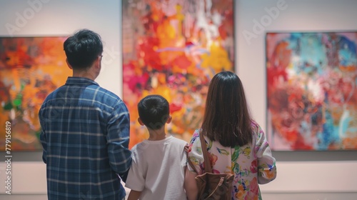 A family of museum visitors looking at art on display