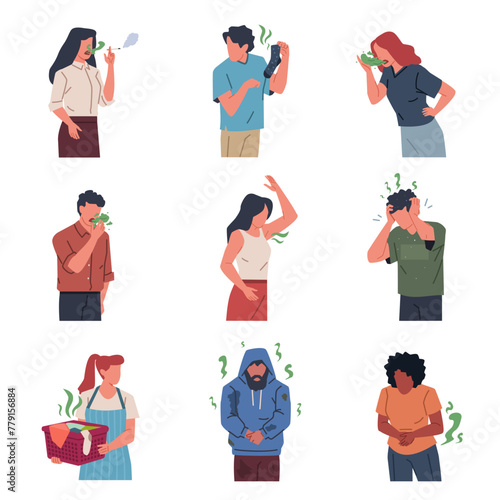 Bad smelling people. Male and female characters with unpleasant body odour, hygiene or health problems, breath, sweat, dirty clothes, cartoon flat style isolated nowaday vector set