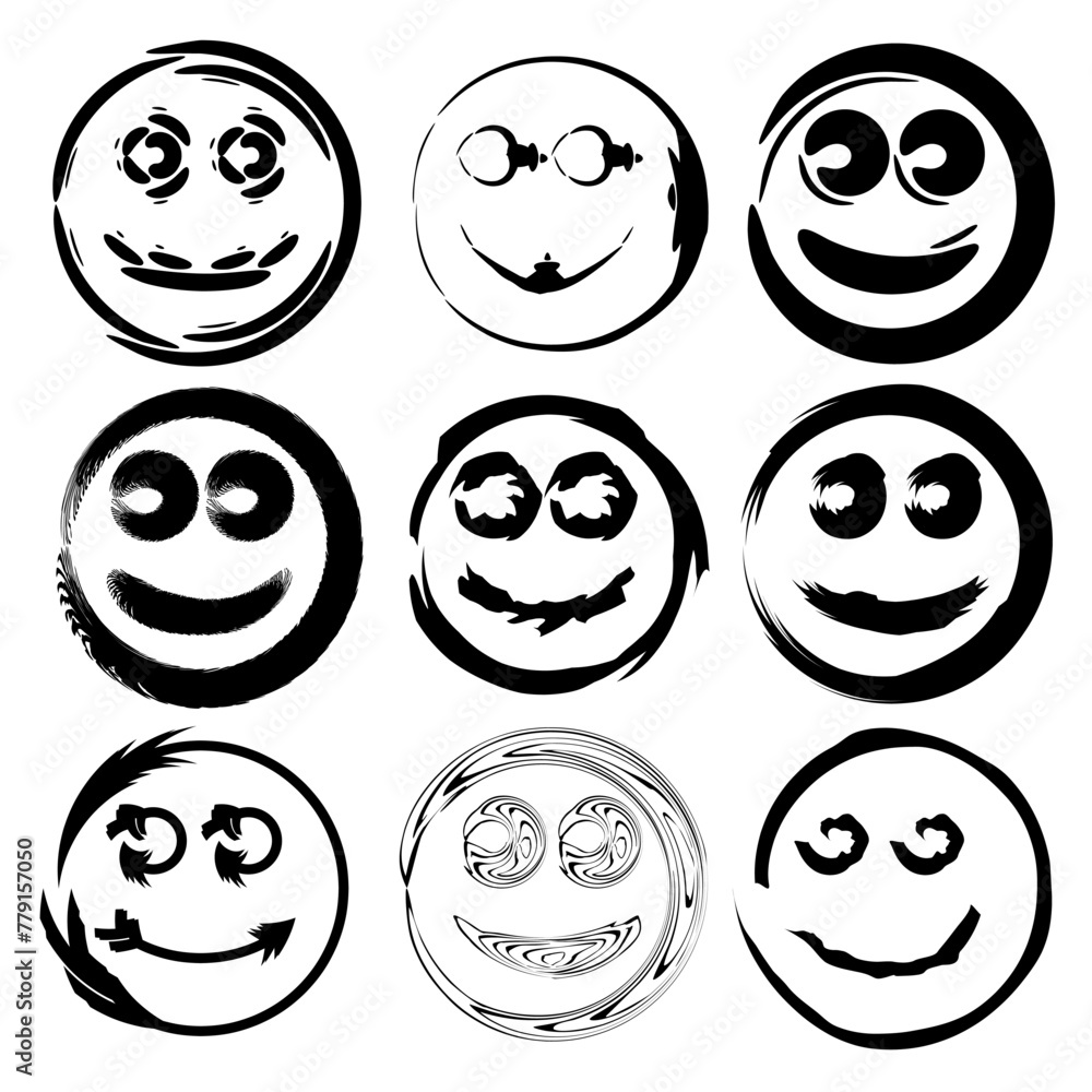 Smile Emoji Ink Brush Strokes Collection Vector Set Smile Emoji Ink Brush Strokes Collection Vector Set