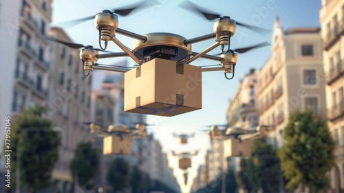 Drone Delivers Package in Urban Area at Dusk