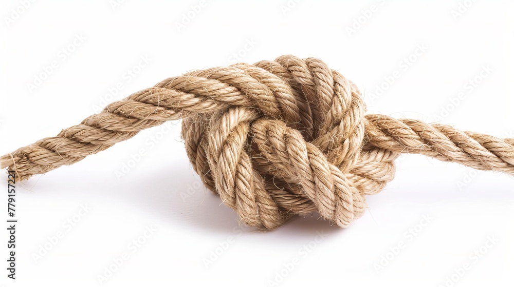 Fototapeta premium Strong and sturdy rope with a securely tied knot, isolated on a white background.