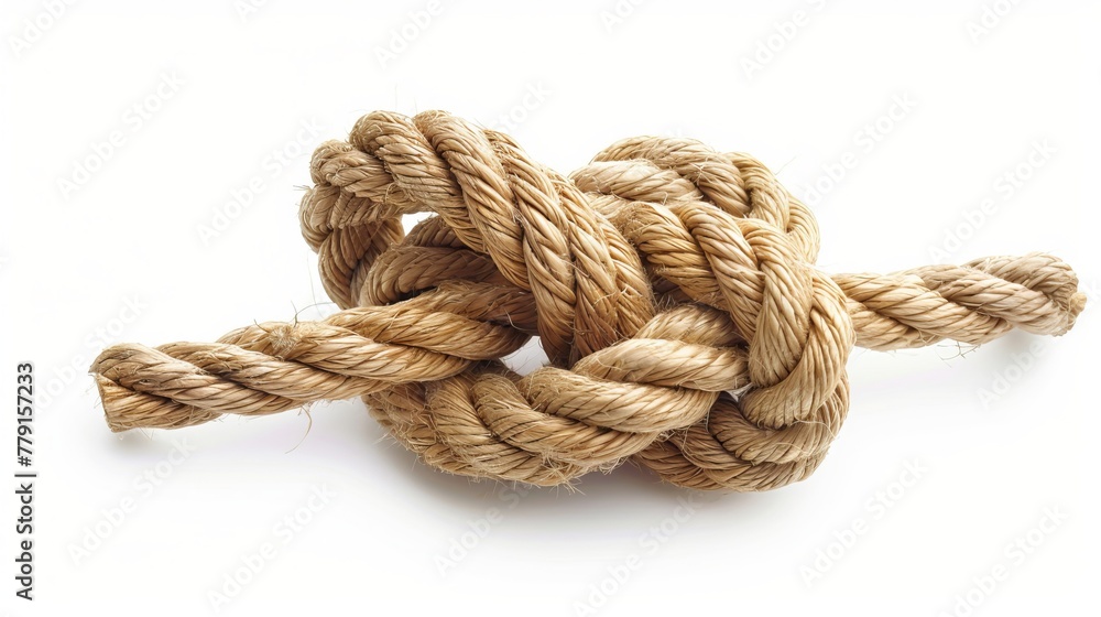 Strong and sturdy rope with a securely tied knot, isolated on a white background. Strong and sturdy rope with a securely tied knot, isolated on a white background.