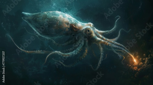 Enigmatic giant squid in the dark depths, photorealistic details and ghostly tentacles