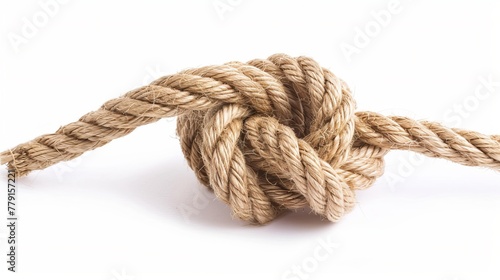 Strong and sturdy rope with a securely tied knot, isolated on a white background.