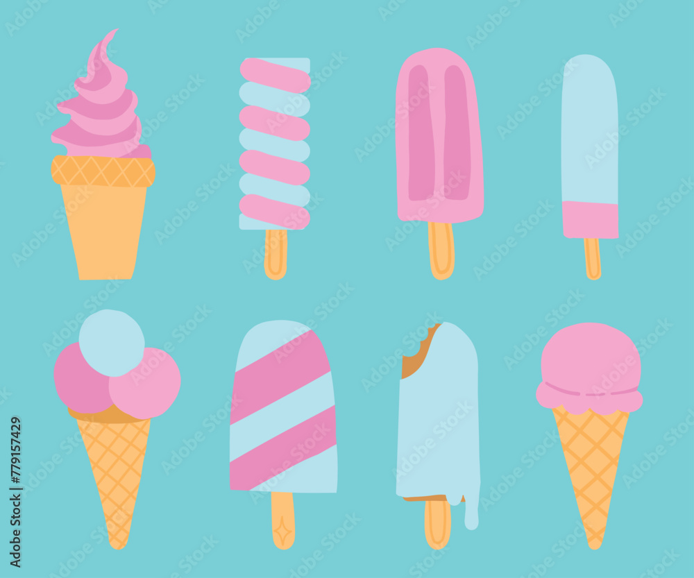 Assorted pink and white ice cream and popsicle illustrations in pastel tones, perfect for summer dessert themes, on a light blue background.