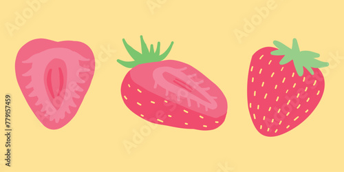 Whimsical vector illustration of strawberries in vibrant pinks and yellows, showcasing whole and halved berries in charming flat design style, perfect for fresh summer themes and healthy food concept © AlexTroi