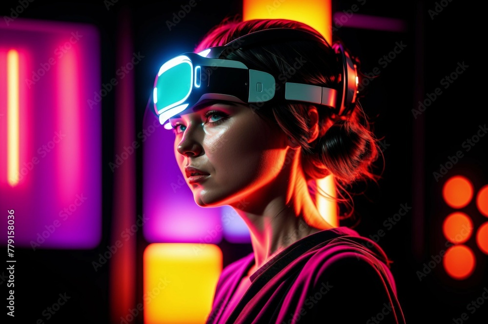 A woman wearing a virtual reality headset is standing in front of a neon sign A woman wearing a virtual reality headset is standing in front of a neon sign