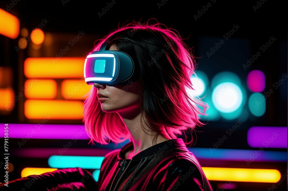 A woman wearing a virtual reality headset is standing in front of a neon sign A woman wearing a virtual reality headset is standing in front of a neon sign
