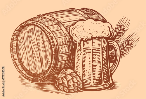 Hand drawn beer mug and wooden barrel. Vintage sketch vector illustration © ~ Bitter ~