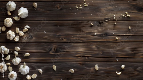 Garlic laying on wooden table cooking recipe banner concept