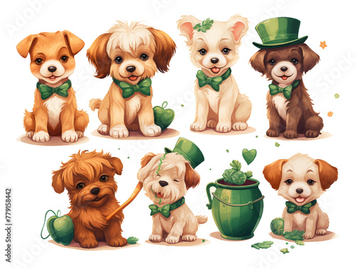 Set of cute dogs wearing costumes for St. Patrick's day, vector Illustrations